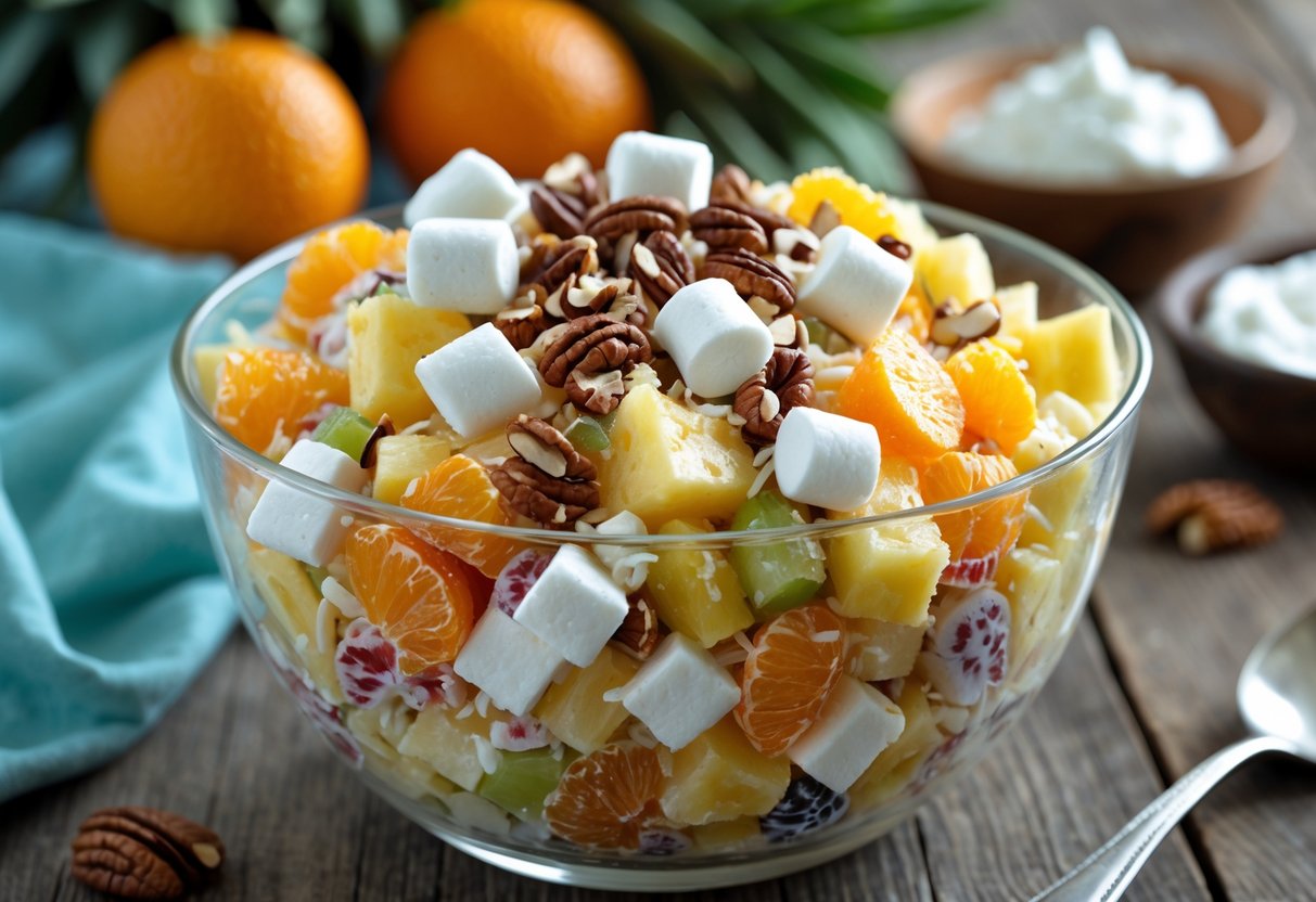 A glass bowl filled with colorful 7 cup fruit salad containing diced fruits, marshmallows, nuts, and creamy dressing on a wooden table.