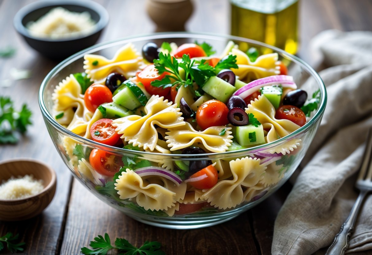 A bowl of colorful bowtie pasta salad with vegetables on a wooden table surrounded by kitchen items.