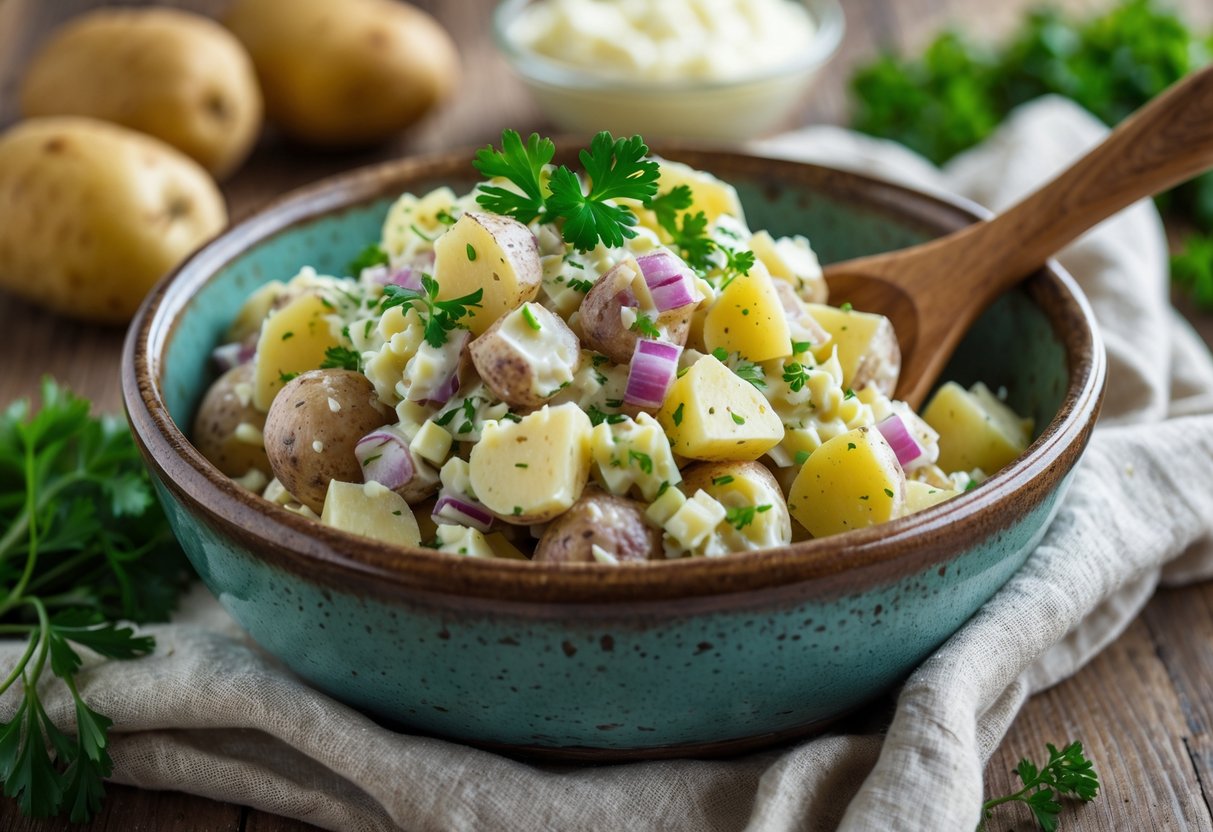 A bowl of creamy potato salad with fresh ingredients on a wooden table.