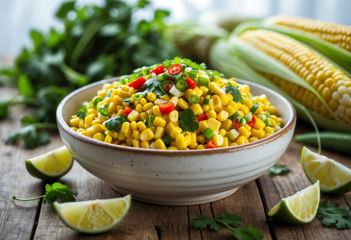 A bowl of colorful corn salad with red bell peppers, green onions, and cilantro on a wooden table, surrounded by fresh corn and lime wedges.