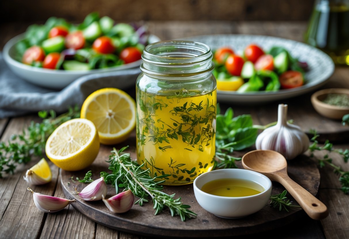 A jar of homemade salad dressing surrounded by fresh herbs, lemon, garlic, olive oil, and a mixed green salad on a wooden table.