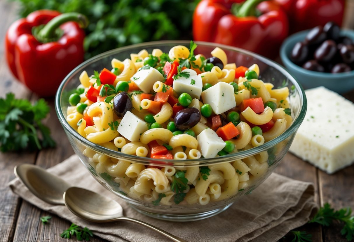 A bowl of macaroni salad with vegetables and cheese on a wooden table surrounded by fresh ingredients.