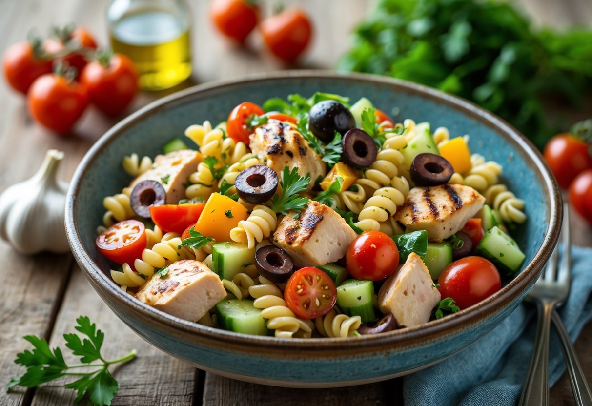 A bowl of chicken pasta salad with grilled chicken, colorful pasta, tomatoes, cucumbers, olives, and parsley on a wooden table with fresh ingredients around it.