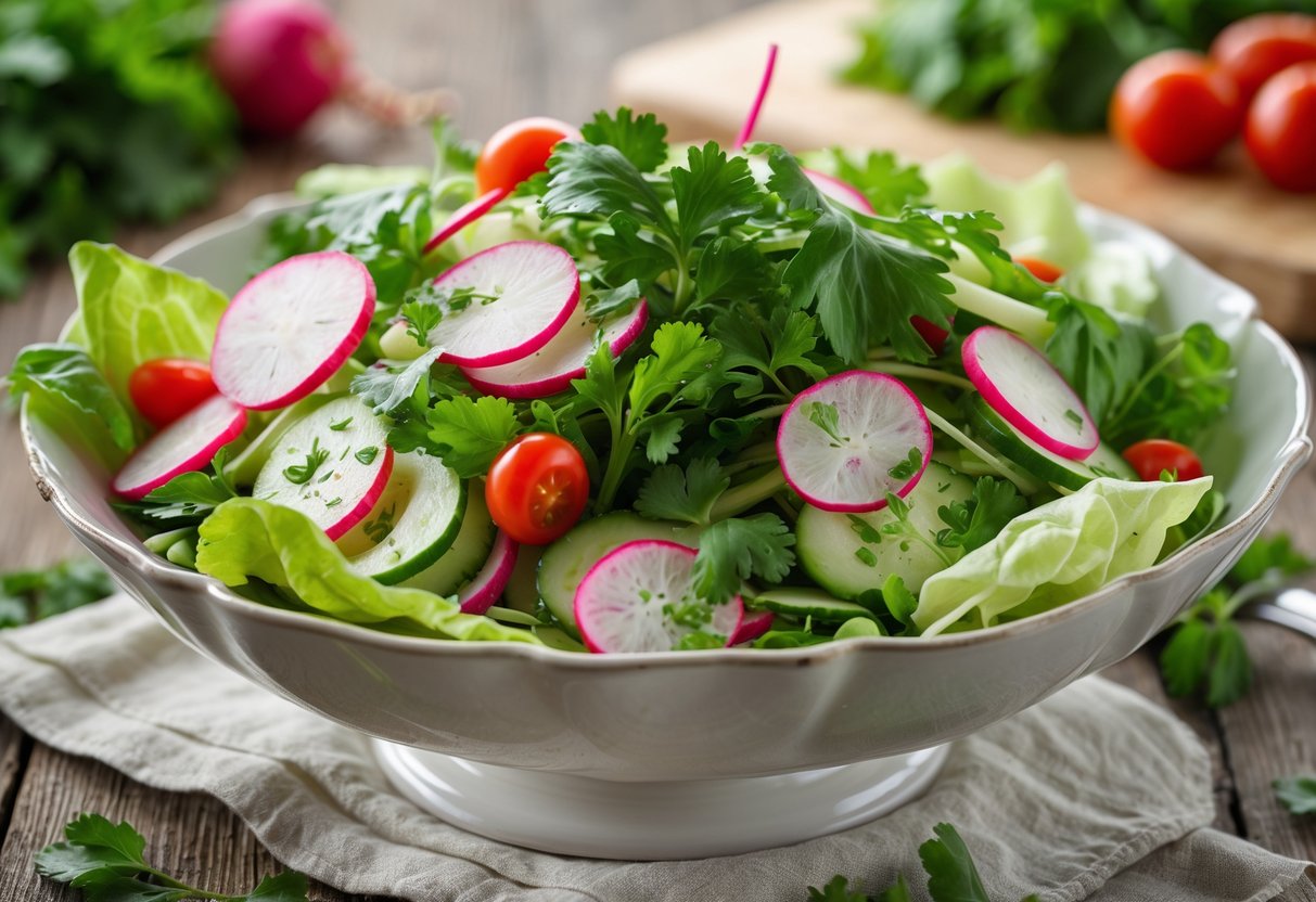 A bowl of fresh red radish salad with herbs, lettuce, cucumbers, and cherry tomatoes on a wooden table.