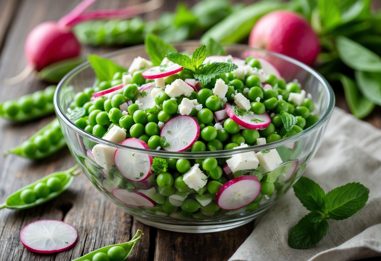 A bowl of fresh pea salad with radishes, red onions, feta cheese, and mint on a wooden table surrounded by fresh ingredients.