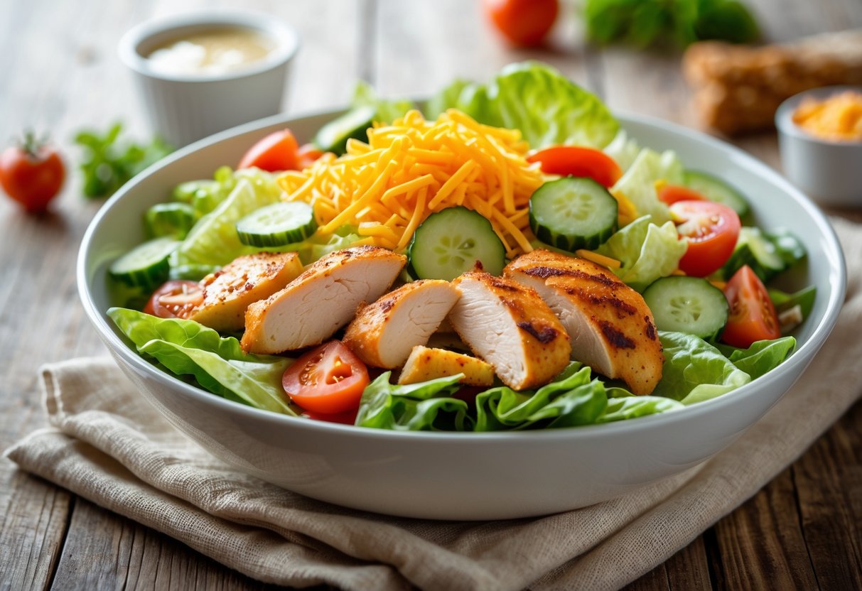 A bowl of chicken salad with grilled chicken, lettuce, cheese, tomatoes, cucumbers, and croutons on a wooden table with a small container of dressing beside it.