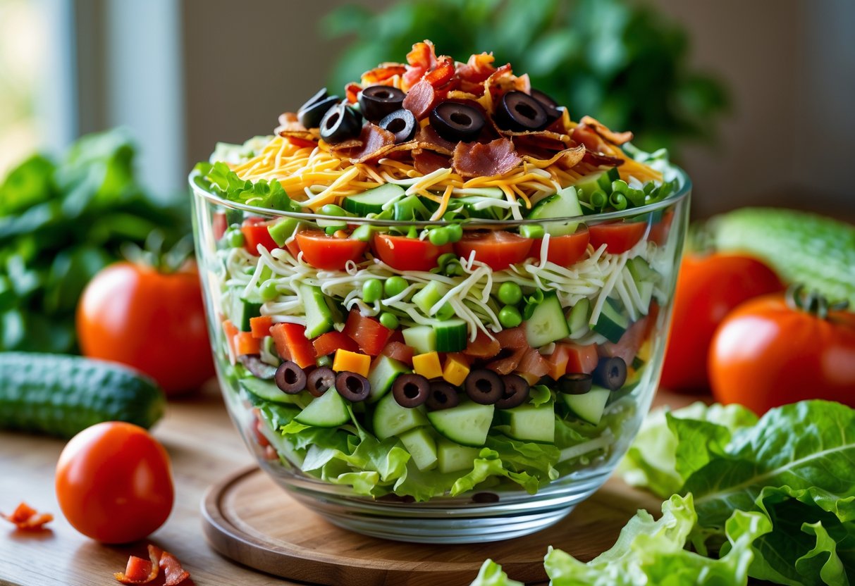 A clear glass bowl with a colorful 7 layer salad including lettuce, tomatoes, cucumbers, olives, cheese, bacon, and dressing on a wooden table with fresh vegetables nearby.