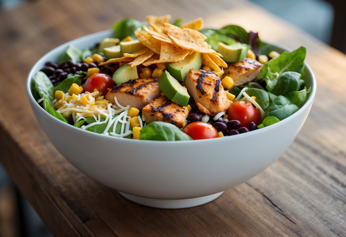 A bowl of chipotle chicken salad with grilled chicken, mixed greens, tomatoes, black beans, corn, avocado, cheese, and tortilla strips on a wooden table.
