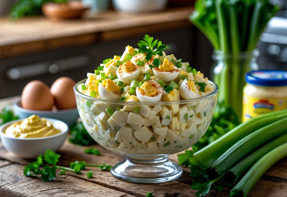 A bowl of creamy egg salad with chopped eggs and green herbs on a wooden table surrounded by fresh ingredients like eggs, celery, and green onions.