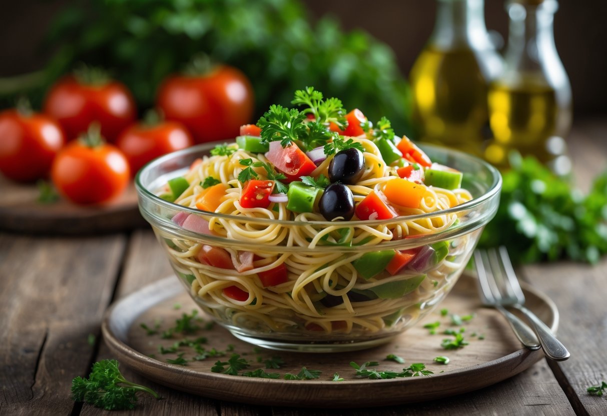 A bowl of spaghetti salad with colorful vegetables and fresh herbs on a wooden table.