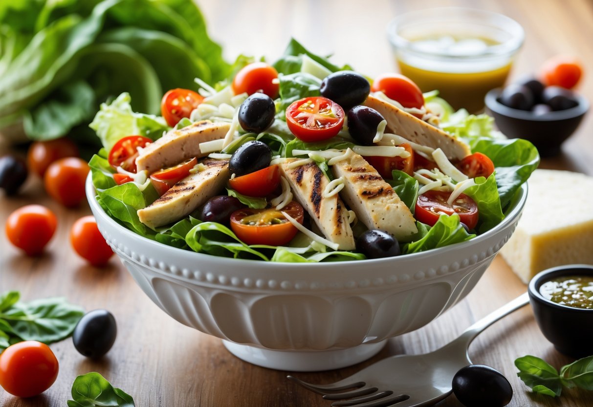 A bowl of colorful Johnny Rocco salad with lettuce, tomatoes, olives, grilled chicken, and cheese on a wooden table with fresh ingredients around it.