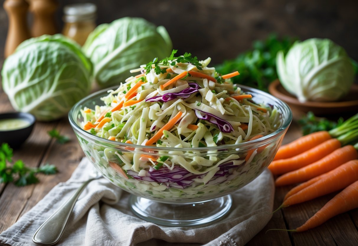 A bowl of freshly made coleslaw with shredded cabbage and carrots on a wooden table surrounded by fresh vegetables.