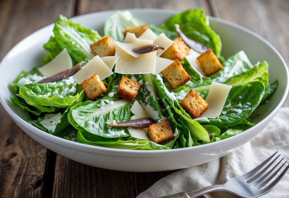 A bowl of Caesar salad with romaine lettuce, croutons, Parmesan cheese, and anchovies on a wooden table.