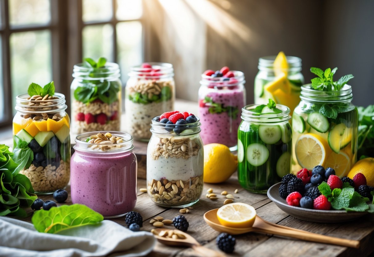 A table with several mason jars filled with colorful layered salads, overnight oats, smoothies, and infused water, surrounded by fresh fruits and nuts.