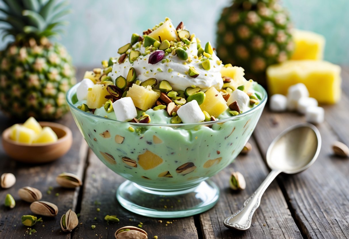 A bowl of creamy pistachio salad with pistachios, pineapple, marshmallows, and pecans on a wooden table with fresh pistachios nearby.