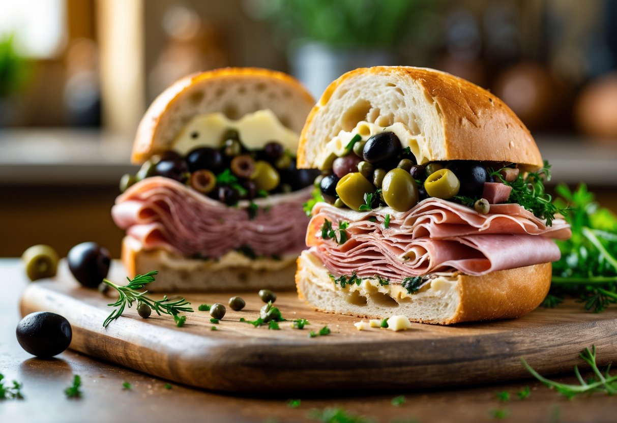A freshly made muffuletta sandwich cut in half on a wooden cutting board with olives and herbs around it.