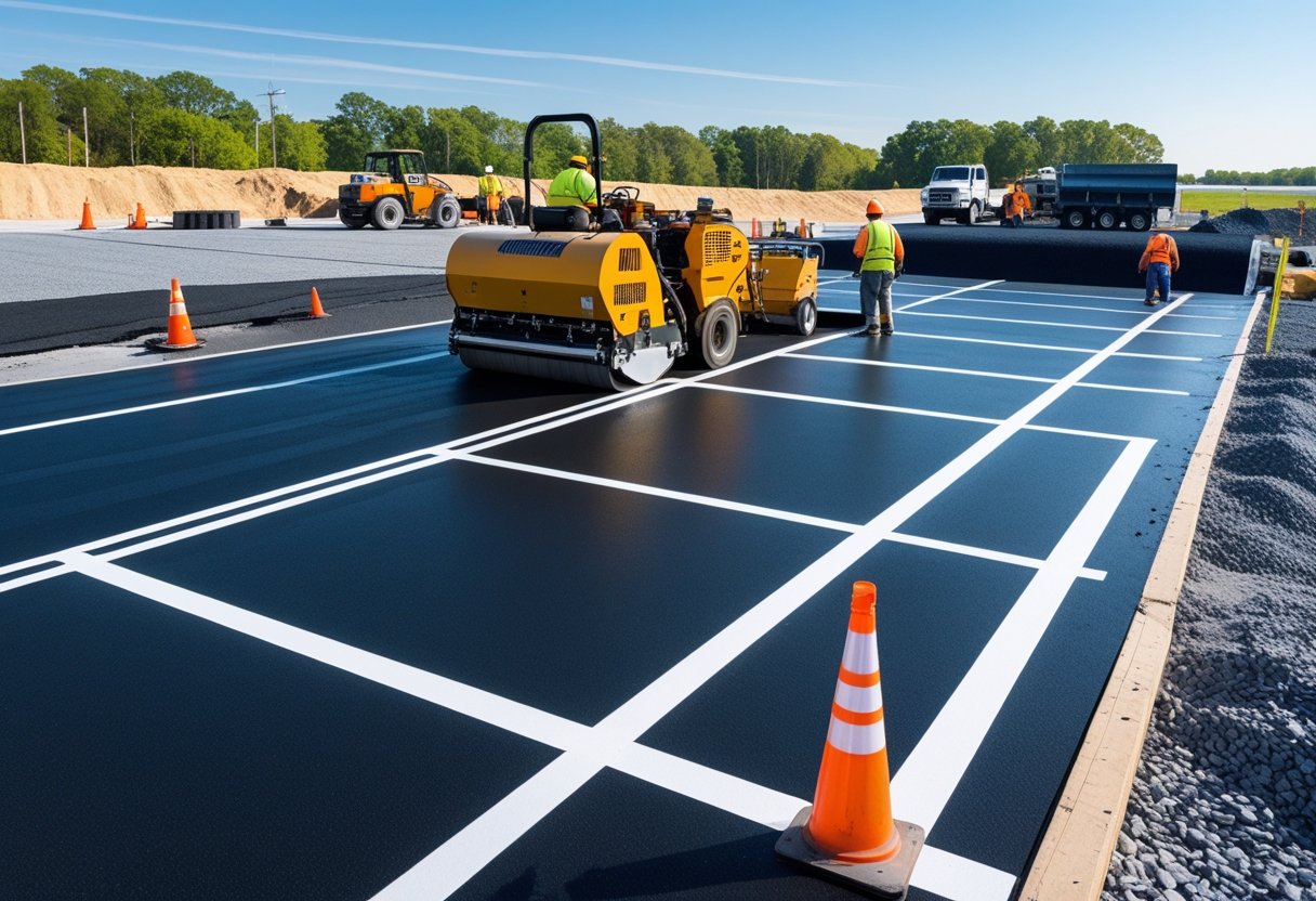 Workers operating machinery on a freshly paved parking lot with construction materials and safety barriers around.