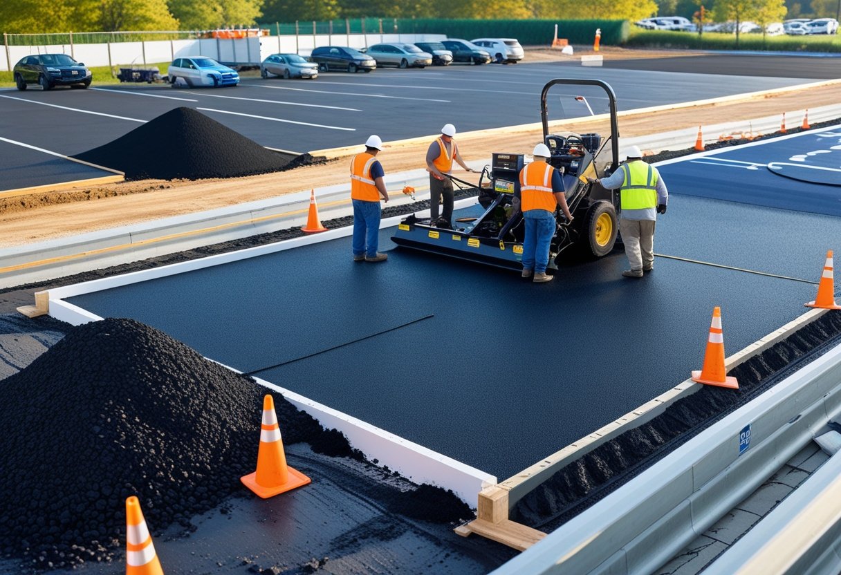 Workers operating paving machinery on a parking lot under construction with construction cones and equipment visible.