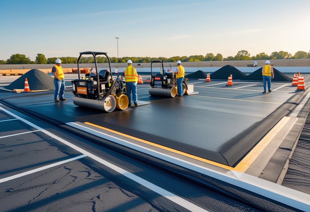 Workers and machinery paving a parking lot with freshly laid asphalt and a project manager reviewing plans nearby.