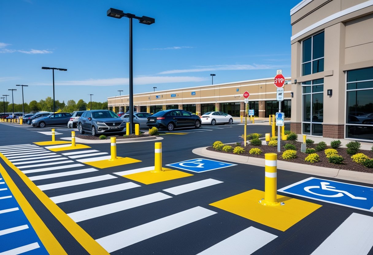 A commercial parking lot with clear pedestrian crosswalks, speed bumps, traffic signs, handicap parking spaces, safety bollards, and parked cars near a commercial building.