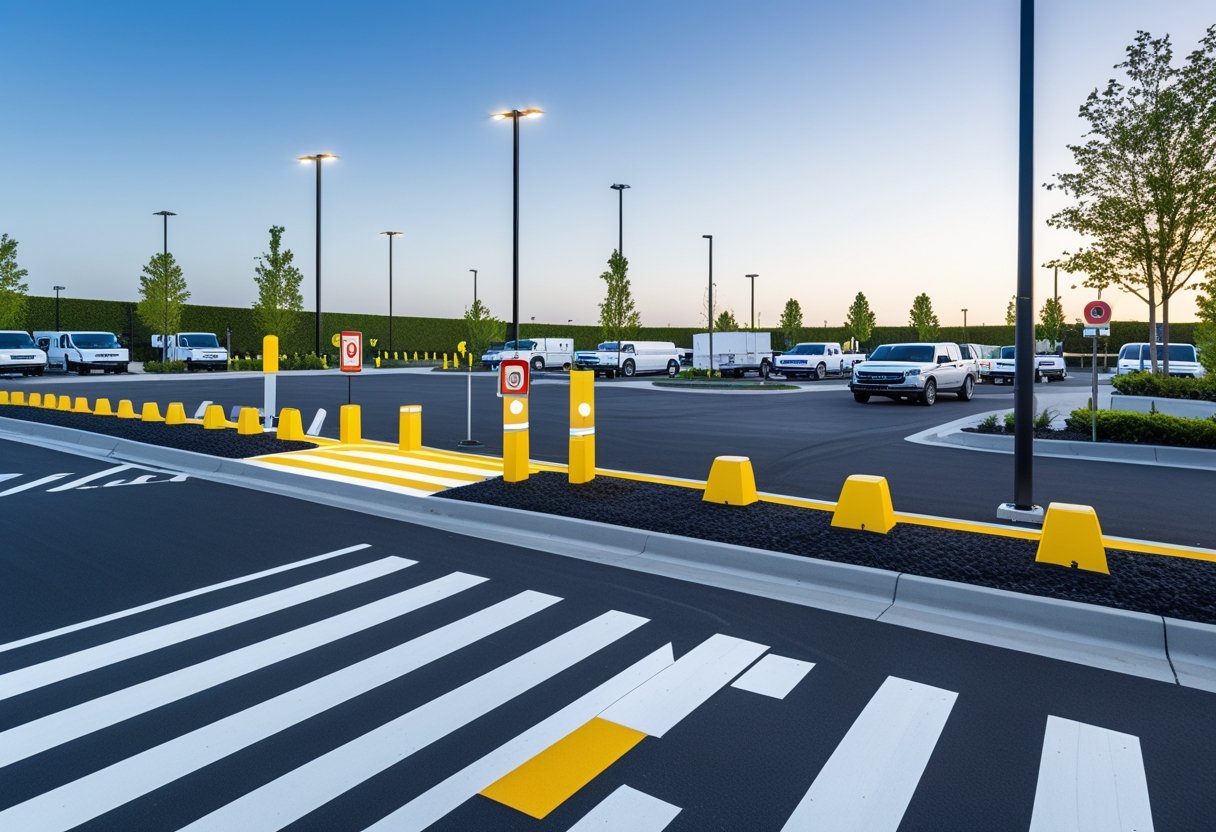 Commercial parking lot showing speed bumps, crosswalks, traffic signs, parked commercial vehicles, and security camera in a clean and organized setting.