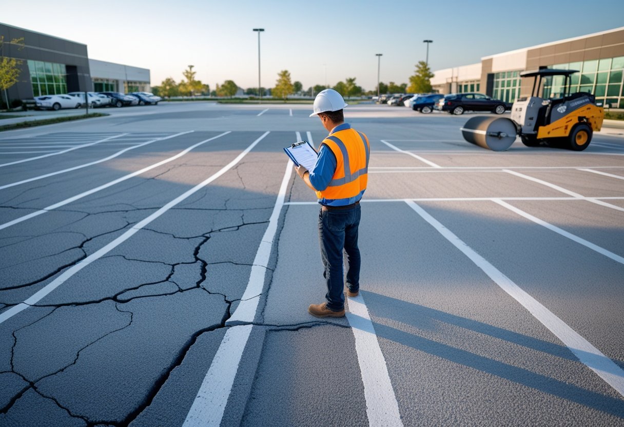 A worker inspects a parking lot with visible cracks and faded lines, with paving equipment and buildings in the background.