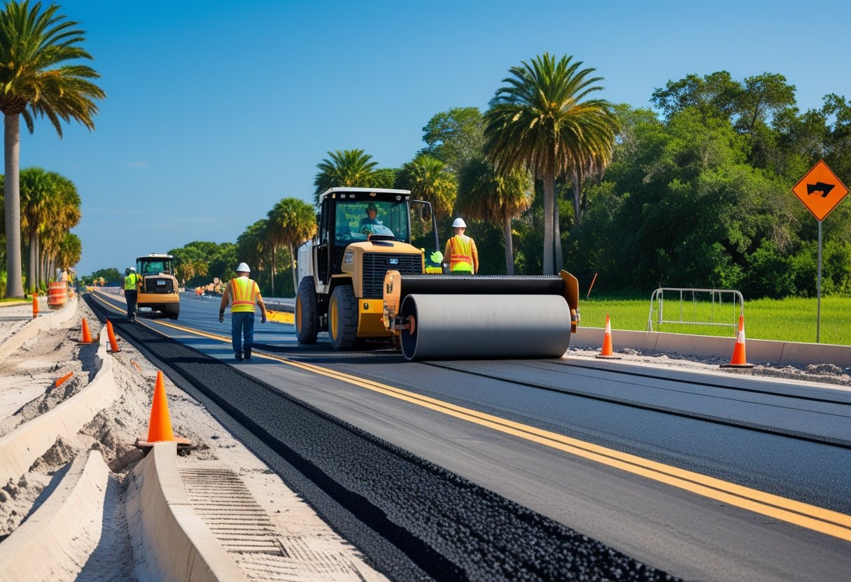 Roadway construction site with workers and machinery surrounded by palm trees and greenery under a clear sky.