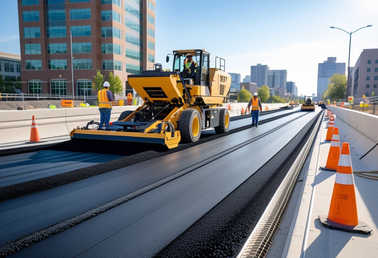 Workers operating a modern paving machine laying asphalt on a city road with safety cones and buildings in the background.