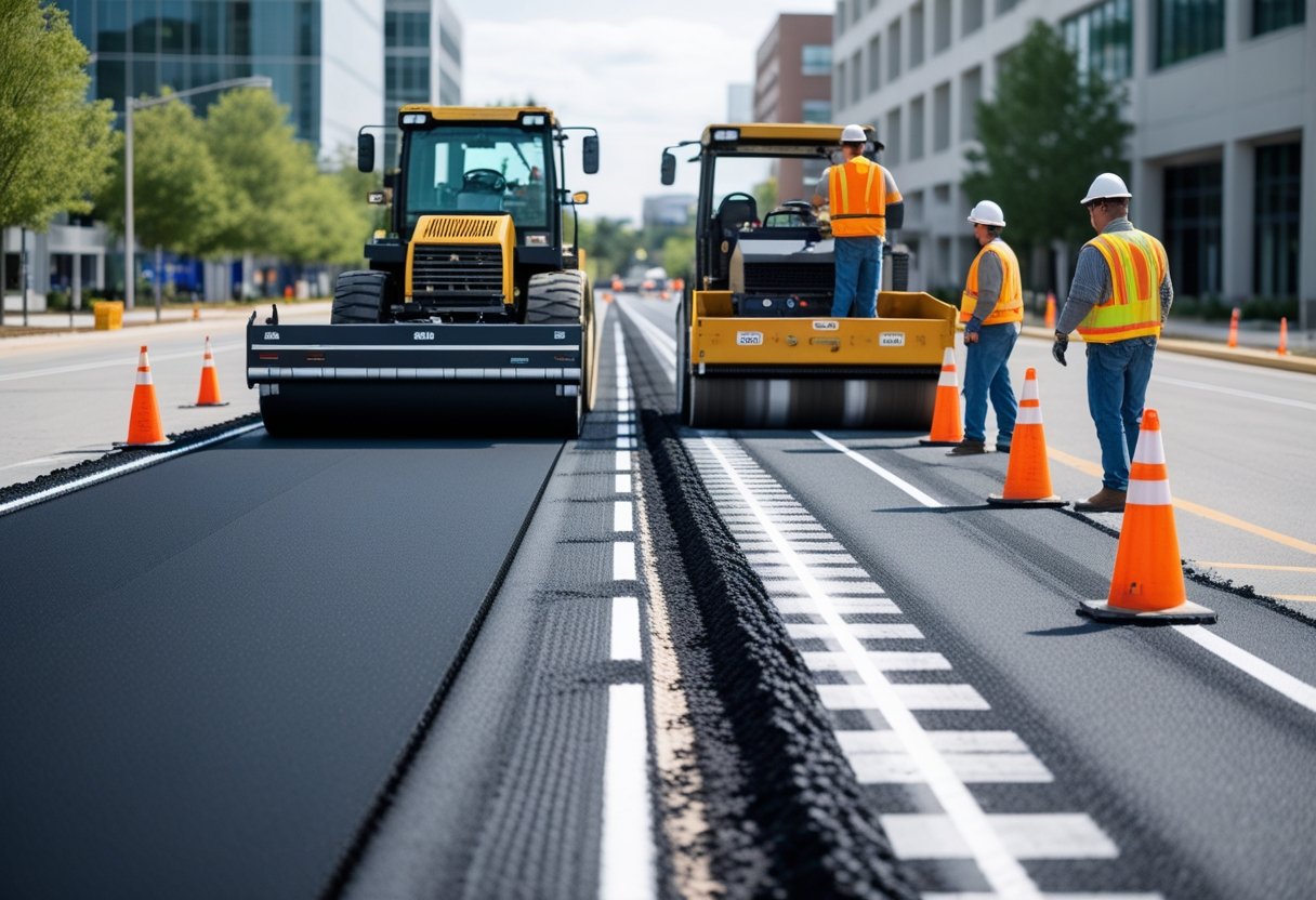Workers and machinery paving a commercial roadway with fresh asphalt on an urban street.