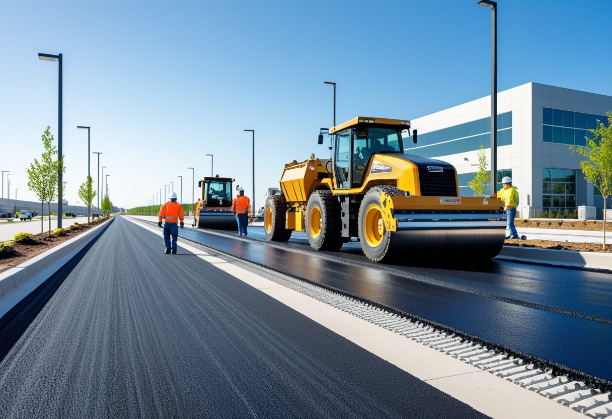 Workers and machinery paving a commercial road with fresh asphalt on a sunny day in an urban area.