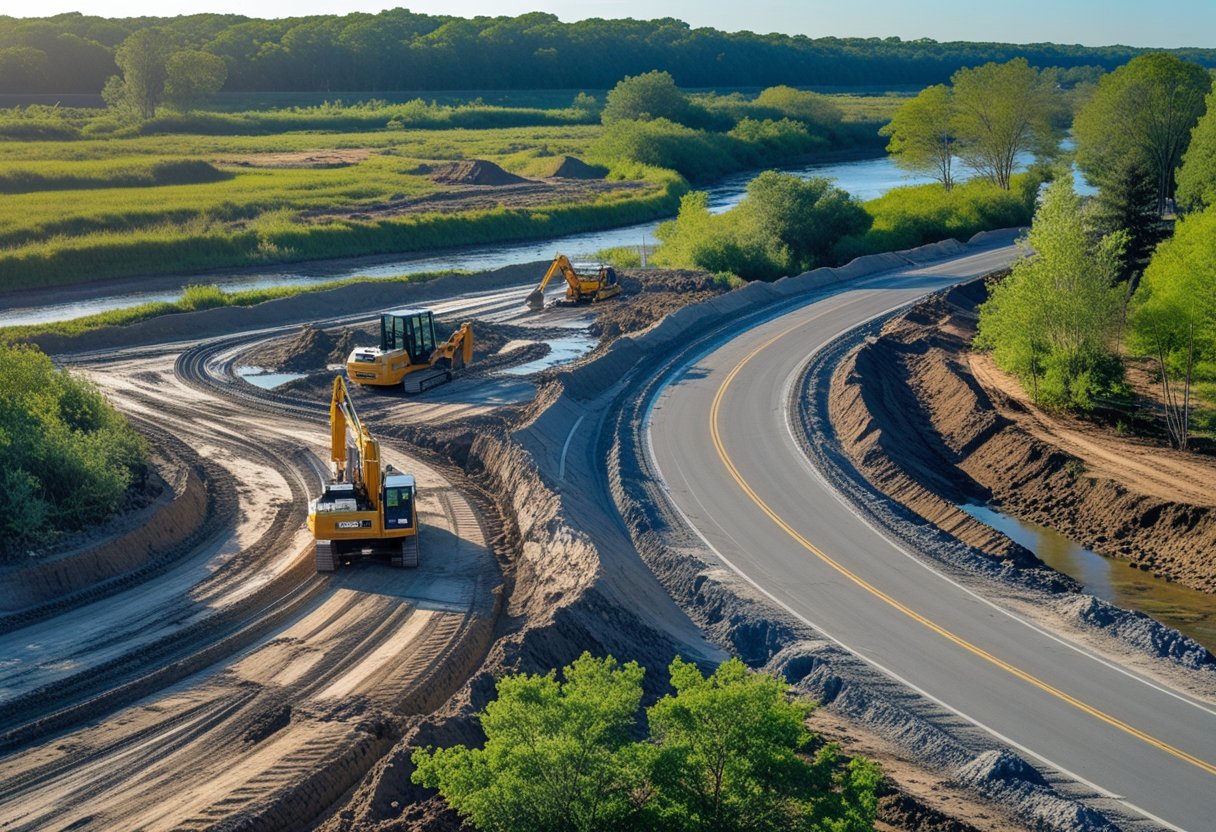 A construction site with heavy machinery building a road through a natural landscape showing disturbed soil and nearby green trees and a river in the background.