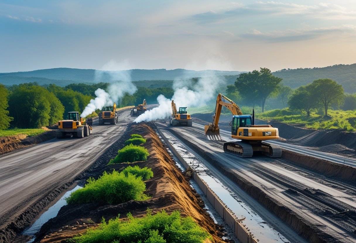 A roadway construction site with heavy machinery working amid green trees and disturbed soil, with exhaust fumes rising into the sky.