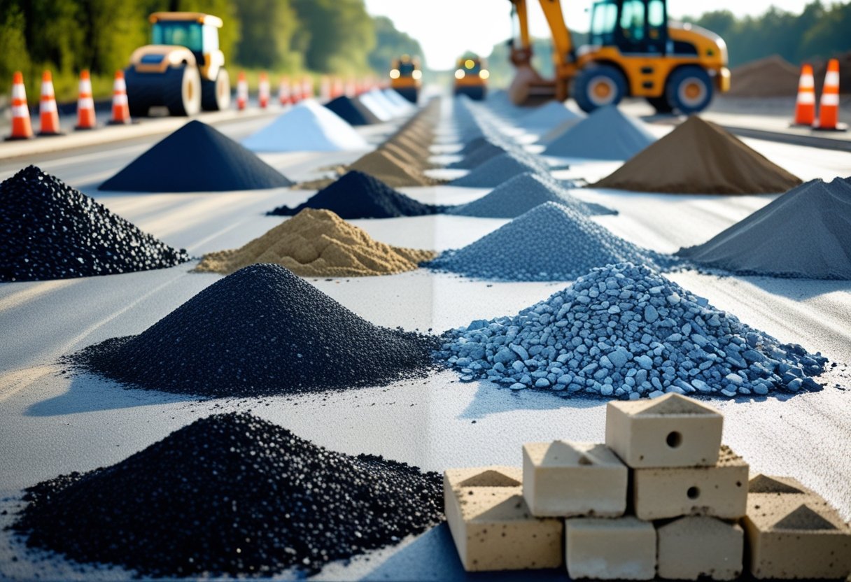 Various road construction materials like asphalt, gravel, sand, and concrete blocks arranged at a construction site with construction vehicles in the background.
