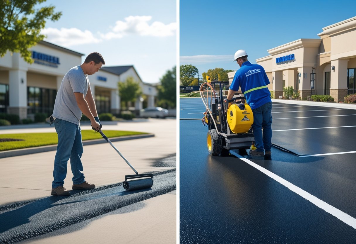 A person manually applying sealcoat on asphalt beside a professional worker using machinery to sealcoat a large commercial parking lot.