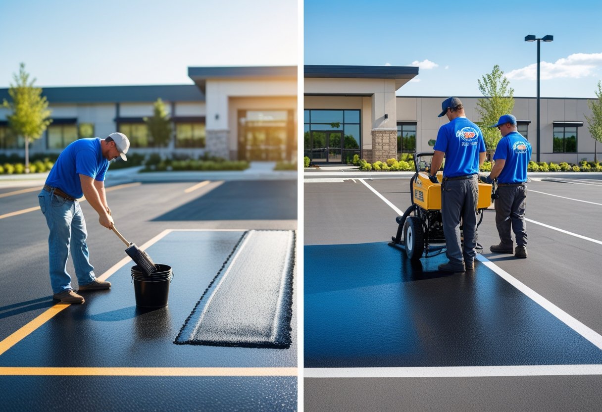 A business owner applying sealcoat by hand on one side, and a professional crew using machinery to sealcoat a commercial parking lot on the other side.