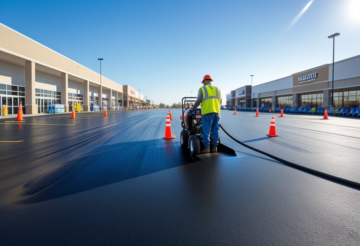 A worker applying sealcoat to a large retail parking lot with stores and safety cones visible.