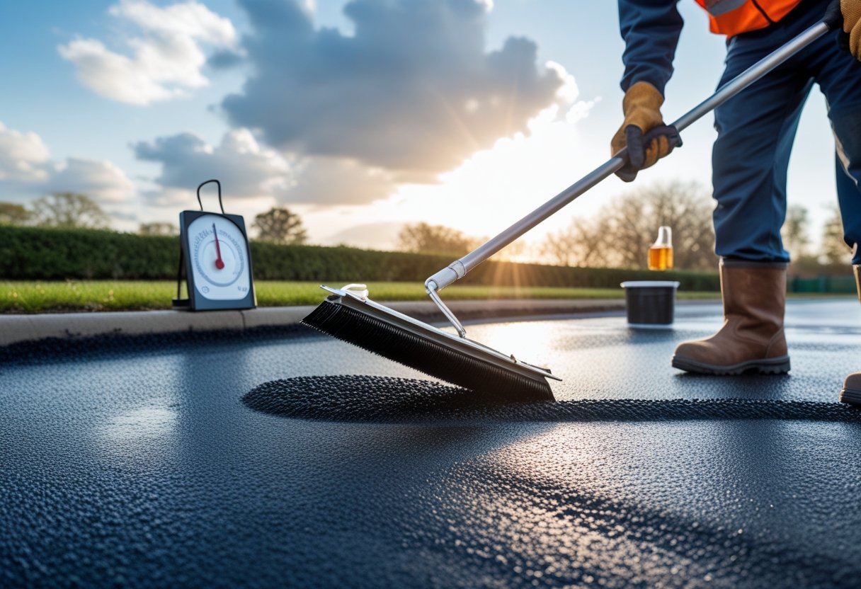 A worker applying sealcoat to an asphalt driveway outdoors with weather instruments nearby and partly cloudy sky overhead.