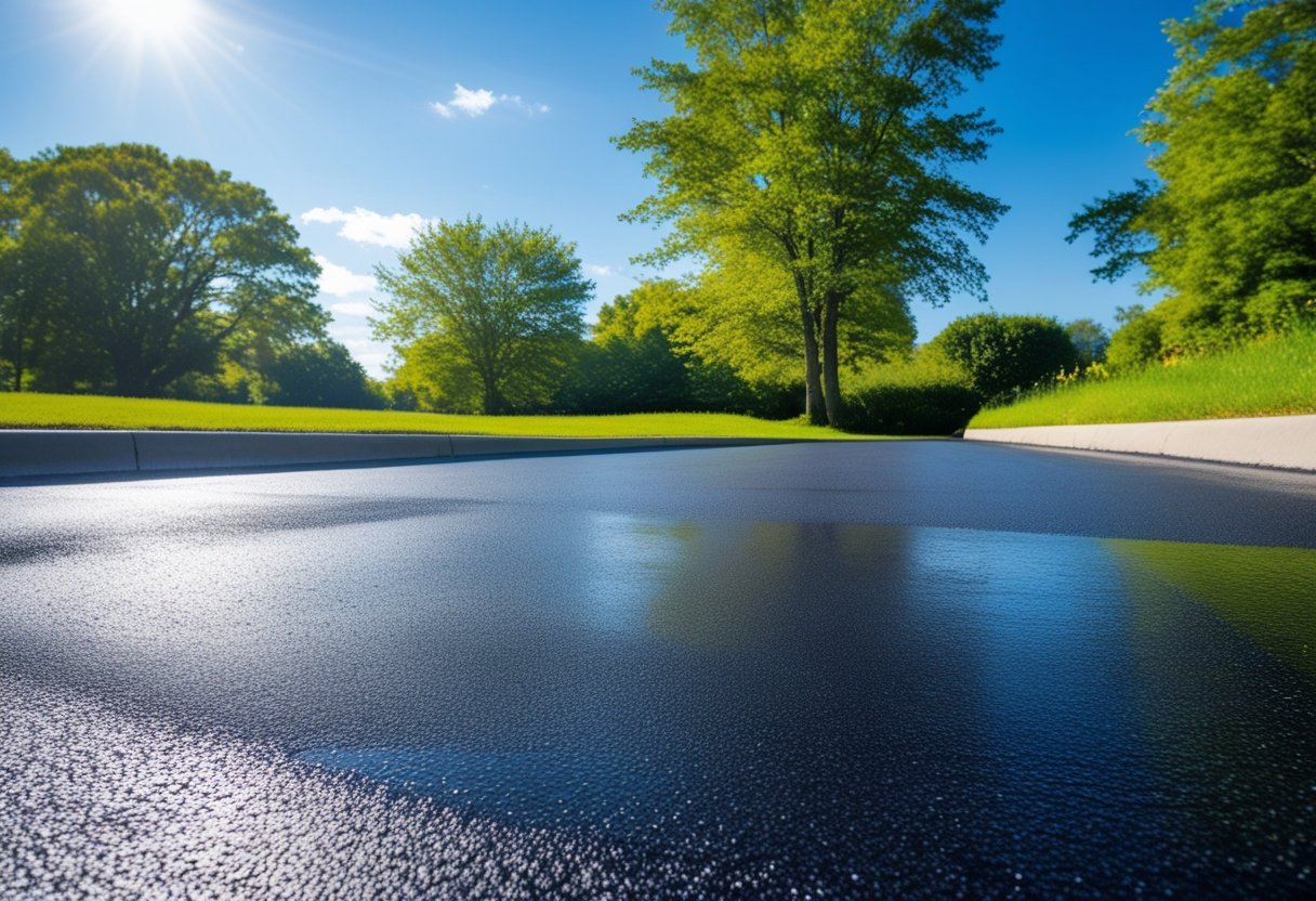 A freshly sealcoated asphalt surface under clear blue skies with bright sunlight and green trees in the background.