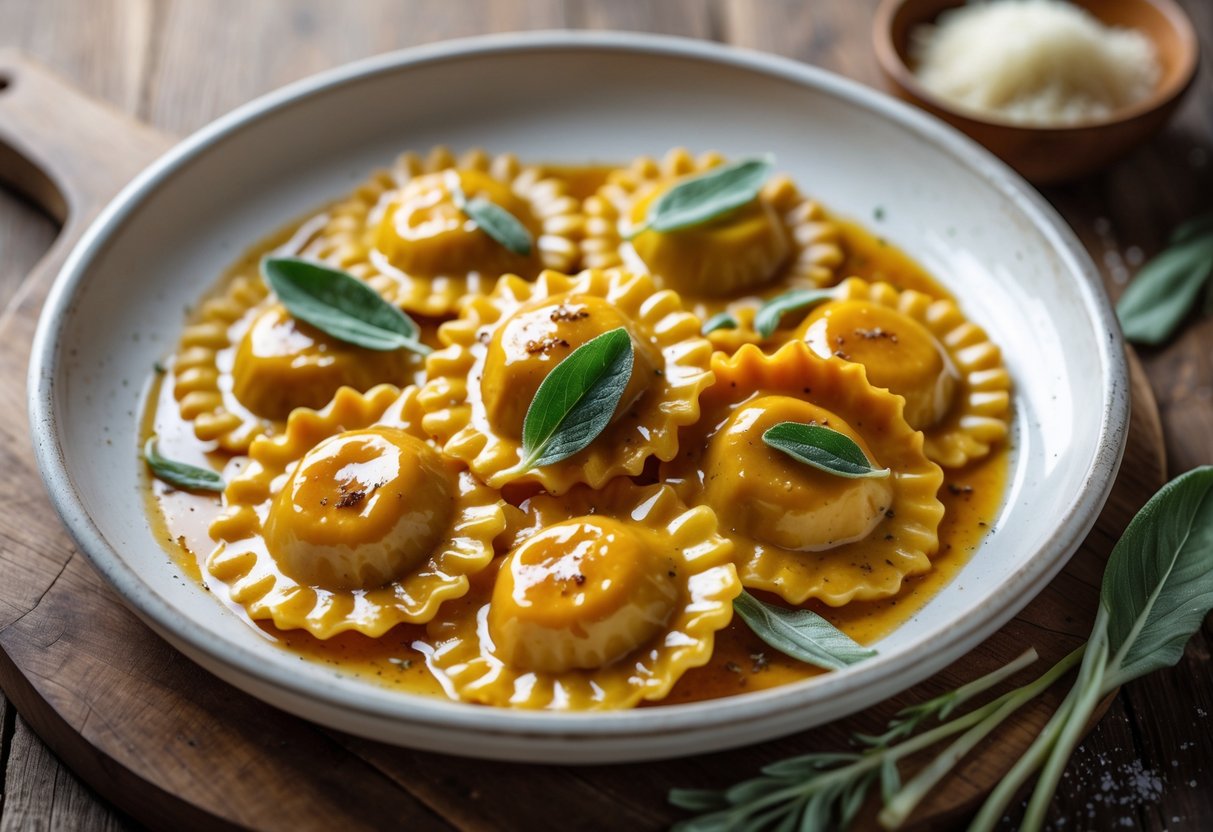 Plate of pumpkin ravioli with brown butter sage sauce garnished with fresh sage leaves on a wooden table.