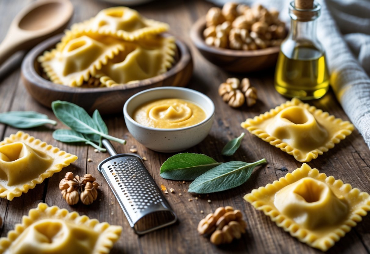 A wooden surface displaying pumpkin ravioli, brown butter, fresh sage leaves, walnuts, Parmesan cheese, olive oil, and kitchen utensils.