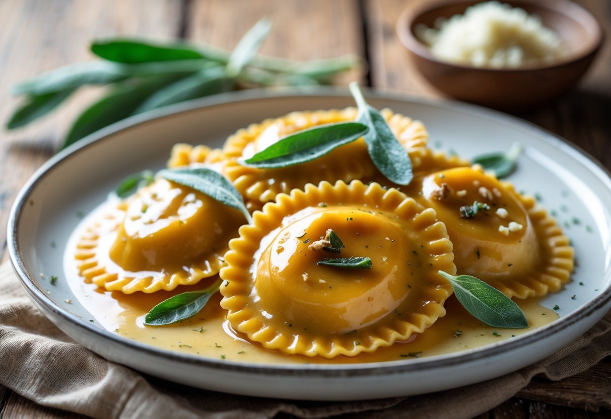 A plate of pumpkin ravioli topped with brown butter sage sauce and fresh sage leaves on a wooden table.