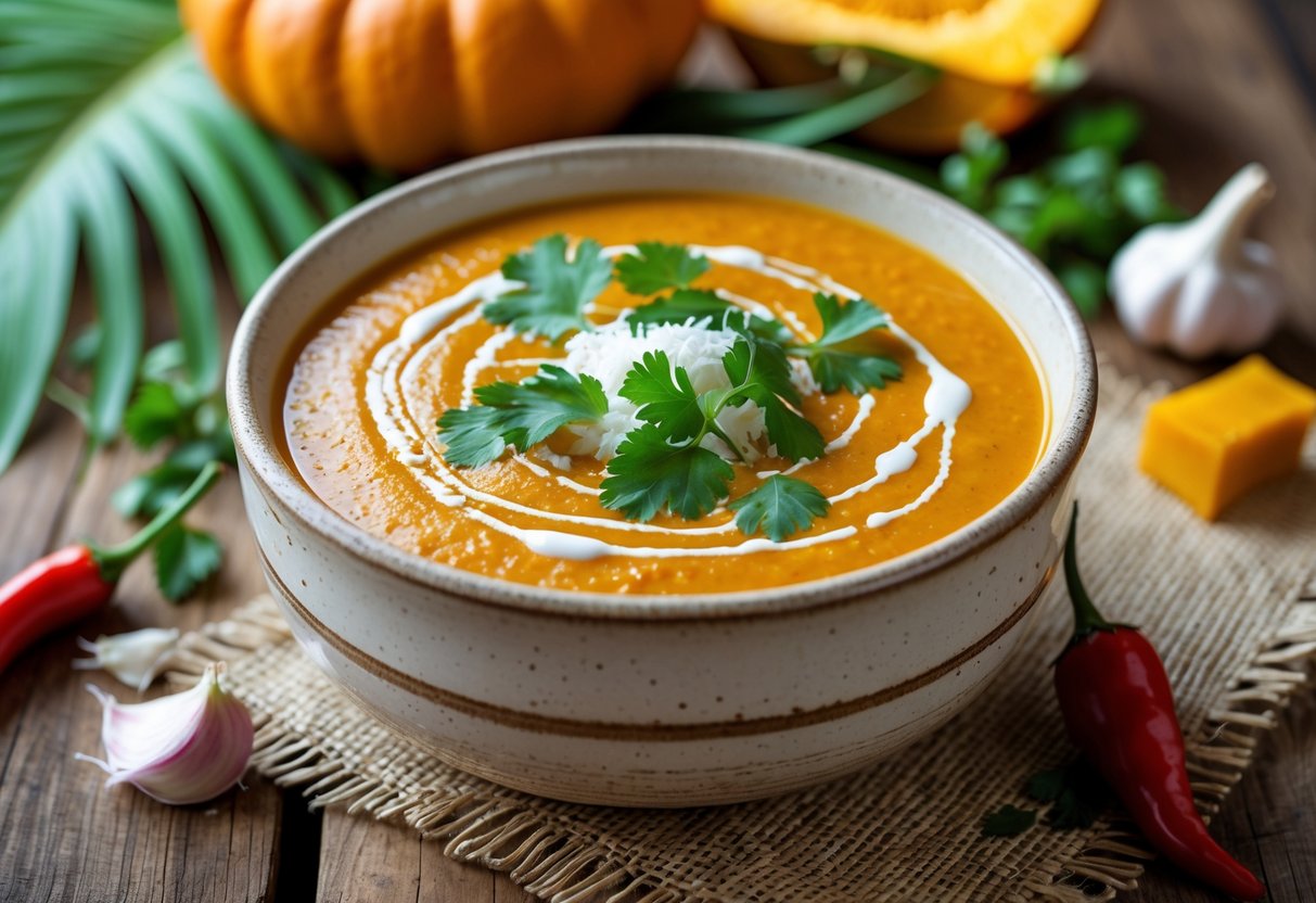 A bowl of creamy orange Caribbean pumpkin soup garnished with fresh herbs on a wooden table with pumpkin pieces and spices around it.