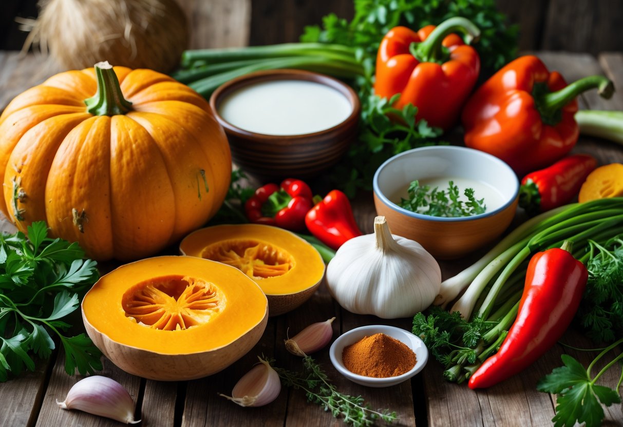 A wooden table with ingredients for Caribbean pumpkin soup including pumpkin pieces, garlic, onions, Scotch bonnet peppers, thyme, coconut milk, and herbs.