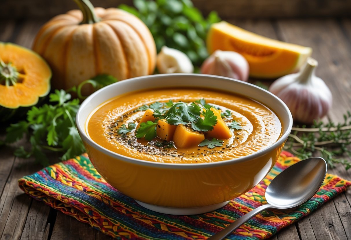 A bowl of bright orange Jamaican pumpkin soup garnished with herbs, placed on a wooden table with fresh pumpkin pieces and spices around it.