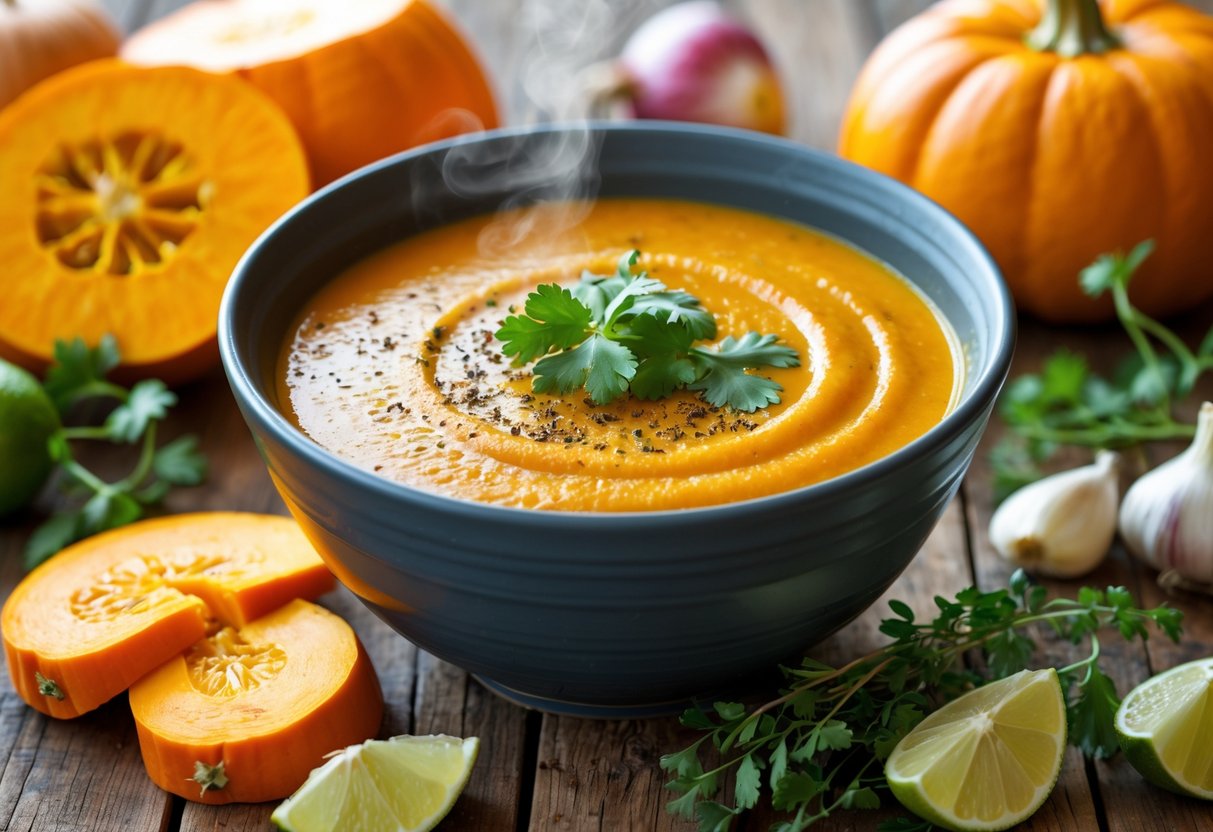 A steaming bowl of Jamaican pumpkin soup garnished with cilantro, surrounded by fresh pumpkin slices, peppers, garlic, onions, and herbs on a wooden table.