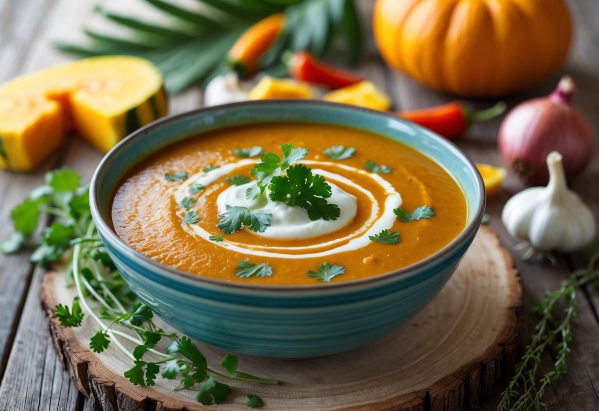A bowl of bright orange Caribbean pumpkin soup garnished with herbs on a wooden table surrounded by fresh ingredients.
