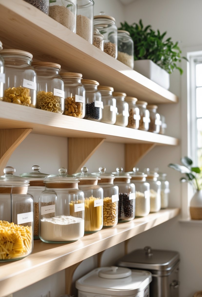 Pantry Organization Ideas 2026: 22 Smart Ways To Streamline Your Storage 3 A neatly organized pantry shelf with clear glass jars filled with various dry goods like pasta, beans, and rice.