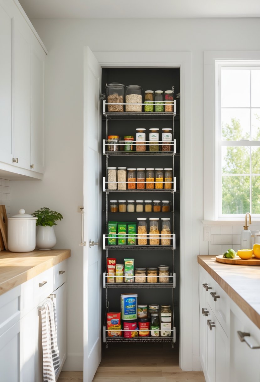 Pantry Organization Ideas 2026: 22 Smart Ways To Streamline Your Storage 4 Open pantry door with an over-the-door rack holding organized food containers in a bright kitchen.