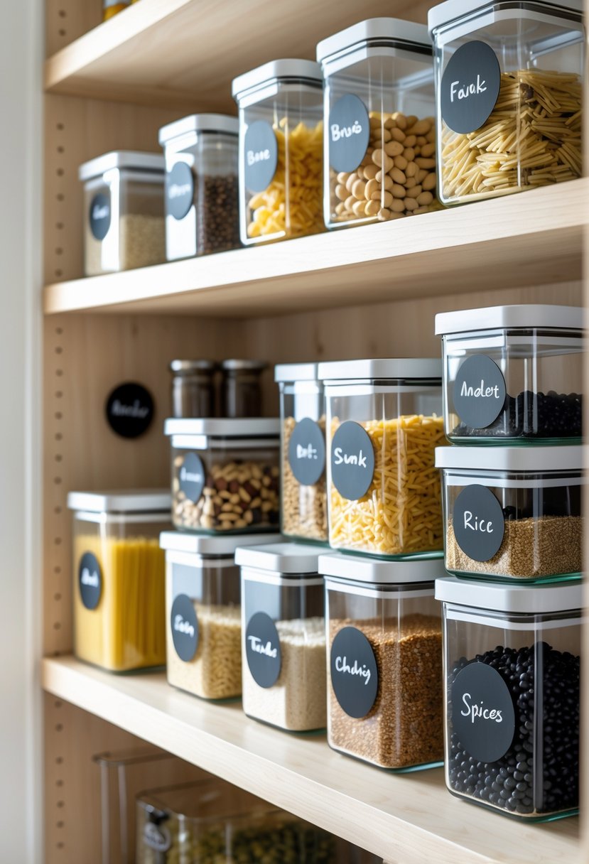 Pantry Organization Ideas 2026: 22 Smart Ways To Streamline Your Storage 5 A pantry shelf with clear containers organized neatly, each with black chalkboard stickers for labeling.