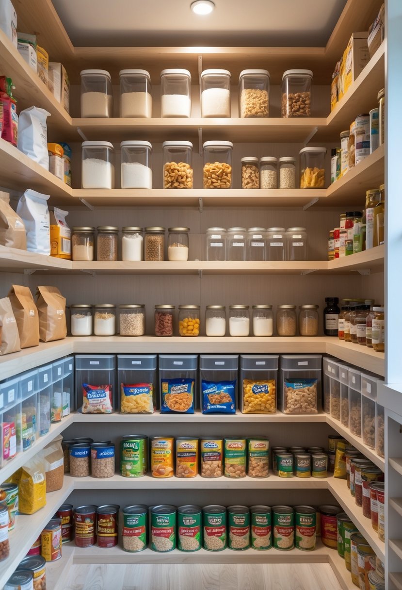 Pantry Organization Ideas 2026: 22 Smart Ways To Streamline Your Storage 6 A neatly organized pantry with shelves grouped by baking supplies, snacks, and canned goods.